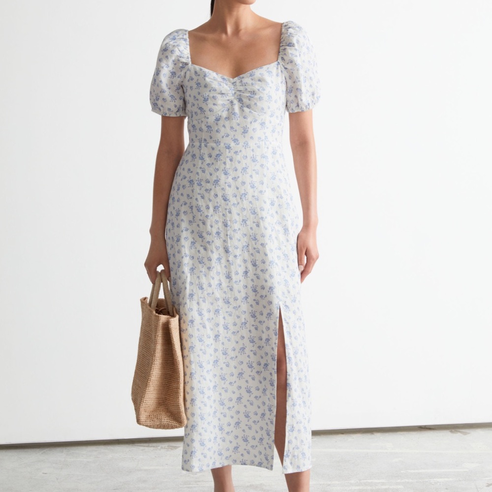 & Other Stories White Midi Dress with Blue Floral Print